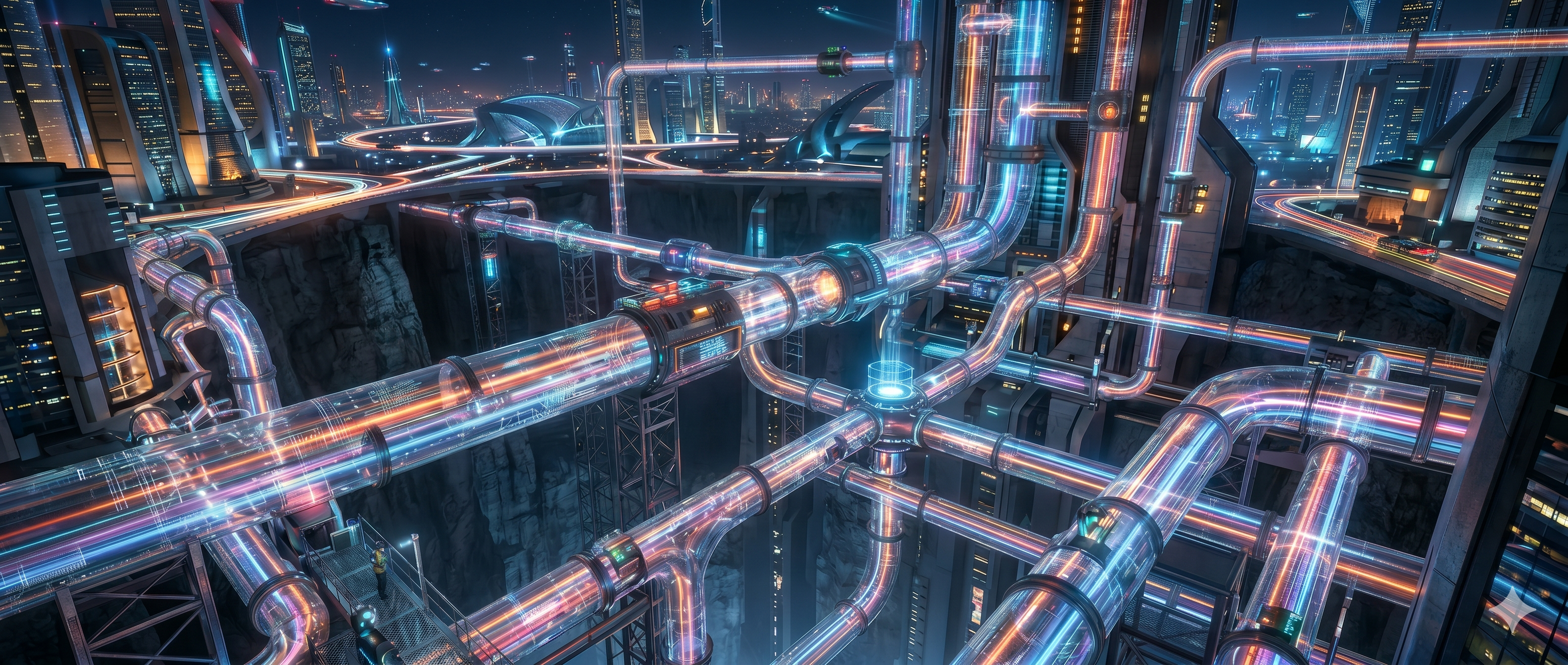 Futuristic city pipelines banner